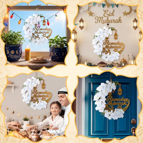 Lineshading Eid 라마단 무바라크 화환 라마단 장식 가정 현관 이드 장식 원형 금속 후프 꽃 벽걸이 화환 벽 창문 실내 실외 농가 장식 (클래식) - style: 클래식
