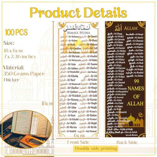 100 Packs 99 Names of Allah Bookmark Arabic English Islamic Bookmarks Reflecting on The Names of Allah Ramadan Eid Gifts Bulk Quran Muslim Islamic Arabic Gifts for Women Men Quran Learning