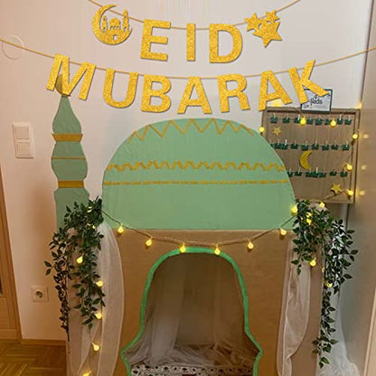 Glitter Eid Mubarak Banner with Gold Moon Star Eid Hanging for Islam Party Decorations No DIY Required