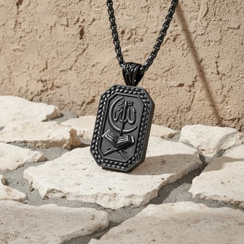 PELOVNY Allah Necklace for Men Women 925 Sterling Silver Islam Allah Pendant Chain Islamic Muslim Religious Jewelry Gifts - color: Allah-01-Black