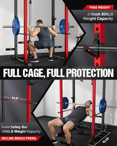 C1-V4 Power Cage, 2000LBS Squat Rack with LAT Pulldown, Multi-Function Weight Cage Strength Training Machine, Workout Cage with More Attachments for Home Gym Garage - style: RD Power Cage C1-V4