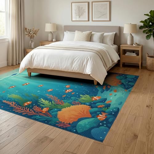 6'x9' Washable Graphic Fish Area Rug, Teal Foldable Non-Slip Large Carpet Foldable Easy Care Carpet for Queen Size Bedroom, Under Bed, Master Bedroom | Ref:1910466 - color: Blue/Pattern 40, size: 6' x 9' (Rectangular)