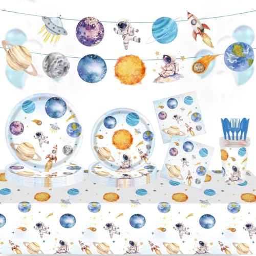 142PCS Space Themed Paper Plates Party Supplies Decorations, Birthday Paper Plates First Trip Around The Sun Astronaut Planet Cake Plate Tableware Dinner Set for Boys Girls Birthday Shower Forks - size: Space - 142pcs