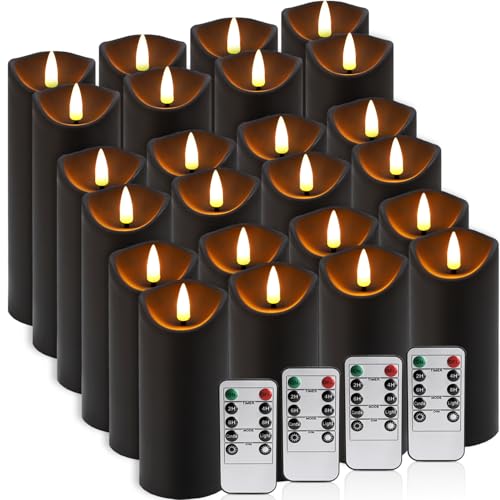 24-Pack Black Flameless LED Candles with Remote & Timer (3 Sizes) - Battery Operated Halloween Pillar Candles for Spooky Decor, Haunted House, Gothic Wedding, Holiday Centerpieces - color: 24-Black