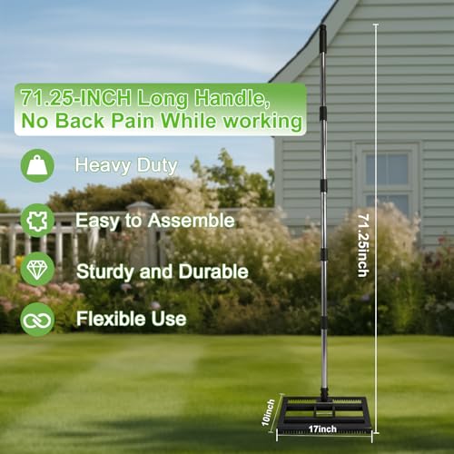 Lawn Leveling Rake 17"x10" for Soil, Gravel Leveling Tool Heavy Duty with Adjustable Long Handle, Garden Level Rake with Tines for Yard, Landscape, Leveling Sand, Grass, Dirt, Ergonomic & Durable - size: 17"x10"