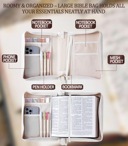 Vegan Leather Bible Cover Case, Bible Bag with Phone Pocket, Bible Case for Women, Christian Gift Box Packaging (White – with Strap) - color: White – With Strap