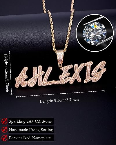 Lulu Mel Iced Out Personalized Cursive Name Necklace For Trendy Women, Custom Handmade Nameplate Pendant With Cuban Link Chain, White Gold Plated Hip Hop CZ Diamond Jewelry Gifts - color: Rose Gold
