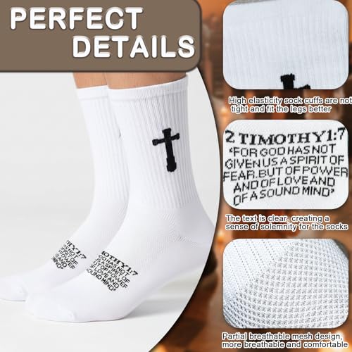 3 Pairs Christian socks Prayer socks Birthday Gifts for Dad,Men Husband Grandp Fathers Day Christmas - color: 2 Timothy 1:7 - White