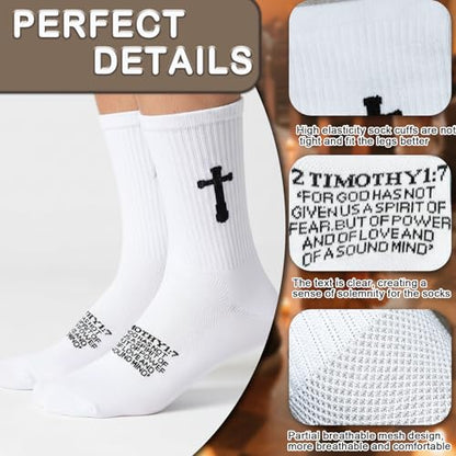 3 Pairs Christian socks Prayer socks Birthday Gifts for Dad,Men Husband Grandp Fathers Day Christmas - color: 2 Timothy 1:7 - White