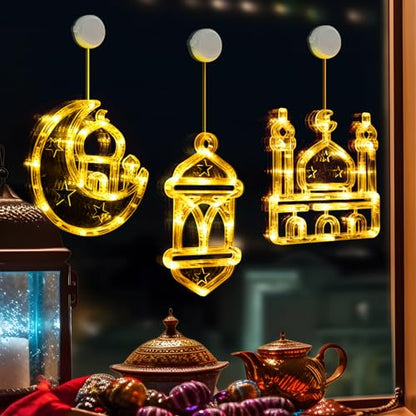 LOLStar Ramadan Decorations, 3 Pack Warm White Lantern, Moon, Mosque Eid Mubarak Window Lights Battery Operated Hanging LED Lights with Timer Function & Slow Fade Mode, Perfect Decor for Eid al Fitr - style: Lantern, Moon, and Mosque