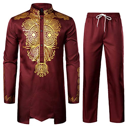 LucMatton Men's African Attire 2 Piece Dashiki Outfit - color: Burgundy, size: Large