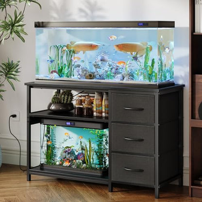 Garvee 55-75 Gallon Aquarium Stand, Heavy Duty Fish Tank Stand with Drawers & Shelves, LED Light, 1000lbs Capacity, Fish & Reptile Tanks Stand with Power Outlet & USB