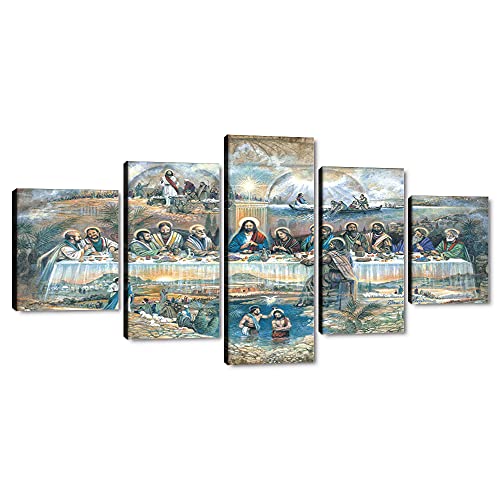 5 Panels Jesus The Last Supper Wall Art Painting Retro Religious Picture Wall Decor Modern Artwork Christian HD Print Poster Stretched by Wooden Framed for Living Room Home Decor - 50''W X 24''H - color: Jesus--003, size: 50''W x 24''H