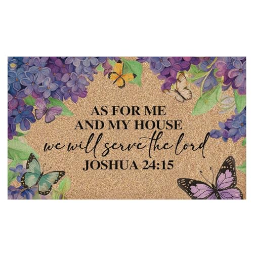 Christian Floral Faux Coco Coir Doormat Door Mat, As for Me and My House We Will Serve Bible Verse Decorative Welcome Doormat for Home Indoor Outdoor Porch Front Door Entrance, 17x30 Inch - color: Floral