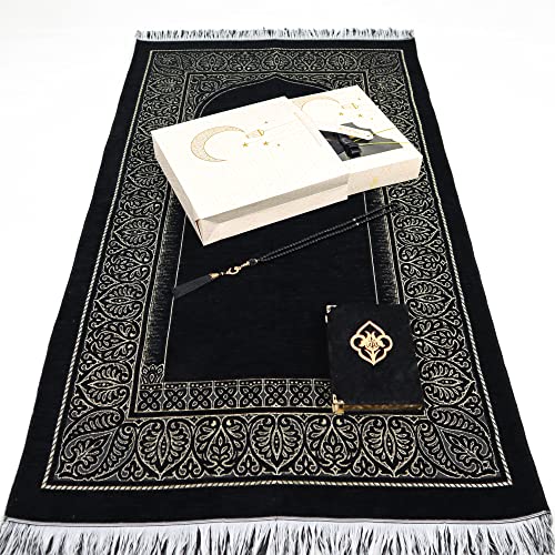 IEF Muslim Prayer Rug Islamic Prayer Mat Quran Prayer Beads Gift Set, Ramadan Eid Gifts, Birthday Gifts for Men, Fathers Day Gift, Velvet Prayer Rug Arabic Quran Pearl Tasbeeh - color: Black with Bag