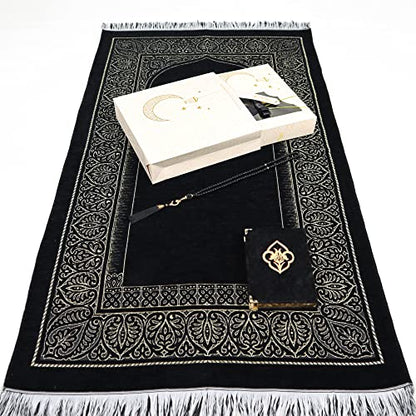 IEF Muslim Prayer Rug Islamic Prayer Mat Quran Prayer Beads Gift Set, Ramadan Eid Gifts, Birthday Gifts for Men, Fathers Day Gift, Velvet Prayer Rug Arabic Quran Pearl Tasbeeh - color: Black with Bag