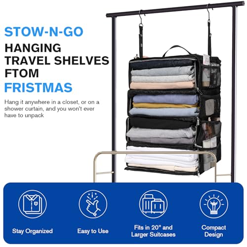 ToMiss Hanging Suitcase Organizer, Travel Essentials Carry-on Collapsible Packing Cubes for Travel, Stow-N-Go Portable Hanging Closet Organizer Shelves Luggage Bag, Medium, Black