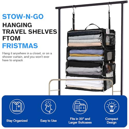 ToMiss Hanging Suitcase Organizer, Travel Essentials Carry-on Collapsible Packing Cubes for Travel, Stow-N-Go Portable Hanging Closet Organizer Shelves Luggage Bag, Medium, Black