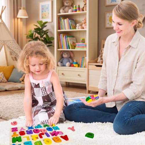 Attmu Wooden Puzzles for Toddlers, 2 Pcs Alphabet ABC Shape Number Puzzle | Learning Toys for Kids Preschool Educational Activities Toddler Gift Toys for Girls Boys Christmas Valentines Easter - size: 2 Pcs