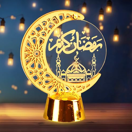 Hying Ramadan Lanterns Decoration 4.6" Height Castle Golden Lamp Eid Mubarak Flameless Candle Lanterns Eid-ul-fitr Moon Lamp for Home Tabletop Ramadan Decor - color: Style 7: Moon Lantern