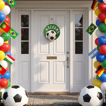 Smile Soccer Welcome Wooden Round Door Hanger, Green Field & Soccer Ball Front Door Sign for Sports Fans & Home Decor - style: Soccer Welcome