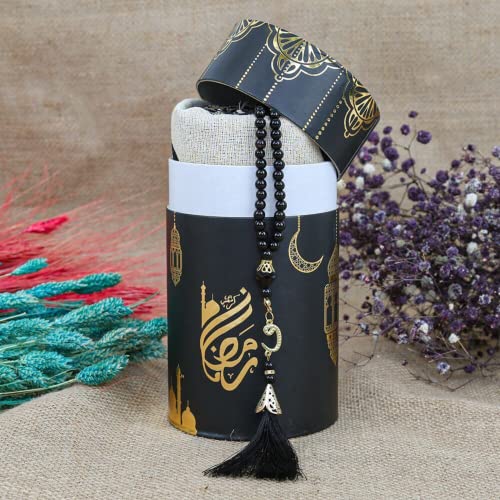 Muslim Prayer Rug, Tasbeeh Ramadan Eid Gift Box | Sajjadah Misbaha Ramadan Kareem Gift Set | Islamic Eid Gift Box | Prayer Mat Misbaha Set for Ramazan | Eid Favor (Black) - color: Black