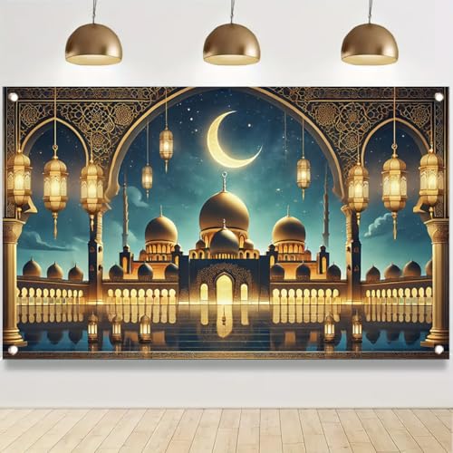 Ramadan Kareem Banner 71x43 Inch Golden Mosque Crescent Moon Lantern MuslimFestival Decoration for lslamic Eid Celebration Home Decor - color: Style 3