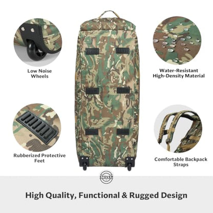STOVER 45/80/100L Rolling Duffel Bag with Wheels, X-Large Durable Travel Duffle + Toiletry Bag, Heavy Duty, Packable with Shoulder Straps- Use as Luggage or Backpack (Camouflage) - color: Camouflage