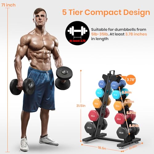 TomCare 6-Tier|5-Tier|4-Tier|2-Tier Dumbbell Rack Stand Only for Home Gym | Stable A-Frame, Fits 5–35 lb Dumbbells, Protective Padded Cradles, Adjustable Feet, Easy-Carry Handle (Stand Only) - color: Black, size: 5 Tier