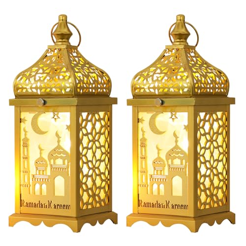 Ramadan Decorations for Home, 2Pcs 14'' Decorative Candle Lantern for Tabletop Mantel Decor, Vintage Metal Lantern Candle Holders for Indoor Outdoor Decor, EID Mubarak Gift - color: 2 Pcs Gold / 14''