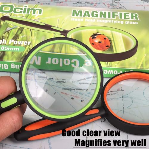 Ocim 2 Pack Magnifying Glass,75mm 10X Handheld Shatterproof Magnifier Lens with Non-Slip Rubber Handle for Seniors/Kids Reading & Science/Explore,Large