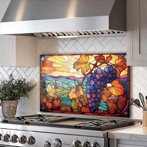 LMSDYSHU Mosaic Grapes Tempered Glass Backsplash for Kitchen Stove 30"x16" | One Piece Oven & Range Backsplash, Heat Resistant & Easy to Clean - color: Mosaic Grapes, size: 30"L x 16"W