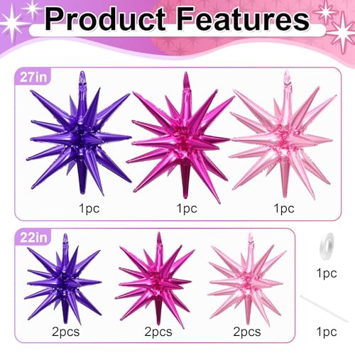9Pcs Pink Purple Star Balloons, Explosion Spike Foil Balloons Party Decor - color: Dark Purple + Light Pink + Hot Pink