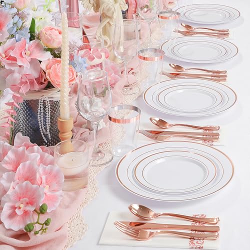 Supernal 200pcs Rose Gold Plastic Dinnerware included Disposable Flatware& Plastic Party Plates Disaposable Cups and Napkins,Perfect for Valentine's Day Mother's Day and Easter - color: 200pcs White and Rose Gold Plastic Dinnerware