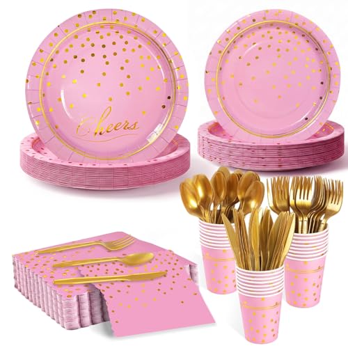 168Pcs Pink and Gold Paper Plates and Napkins Party Supplies for 24 Guest - color: Pink