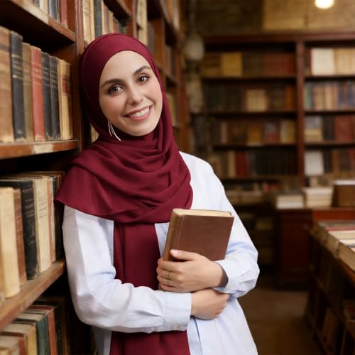 Instant Hijab Set 3-in-1 Chiffon Hijab Scarf for Women with Built-in Magnets and Undercap Head Wraps - color: Burgundy