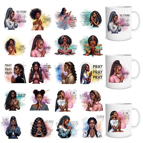 UV DTF Cup Wraps - 20 Sheets Praying Black Women UVDTF Wraps for 16 OZ Glass, Motivational Quotes UV DTF Transfer Stickers, African American Women Rub on Transfer Decals for Water Bottle Mug - style: Praying Black Women