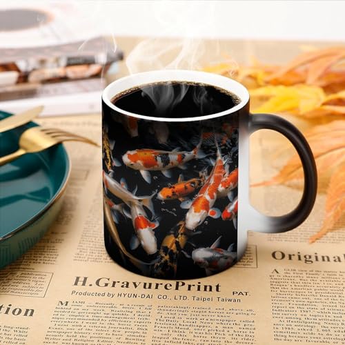 Japan Fancy Carp Fishes Coffee Mug Heat Sensitive Discoloration Ceramic Cup Personalized Color Changing Coffee Cups Unique Cup Gift for Family Friends Birthday Aniversary