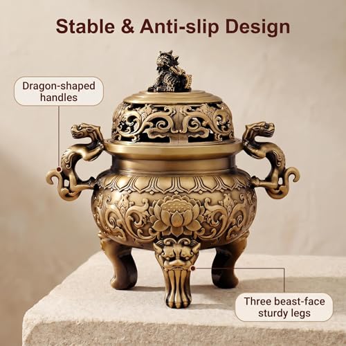 Solid Brass Chinese Incense Burner, Antique Censer, 670g, 2.76in Opening | Feng shui incense burner, Fu Lion Foo Dog lid, altar, home shrine, meditation corner, office desk, brings harmony and peace