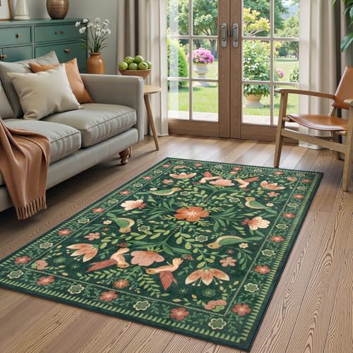 Moynesa 3x5 Kitchen Rug, Modern Cottage Washable Non-Slip Low Pile Area Rug for Bedroom Entryway Entrance Aesthetic,Lightweight Foldable Farmhouse Floral Bird Print Pattern Carpet Retro Home Decor - color: Green, size: 3' x 5' (Rectangular)