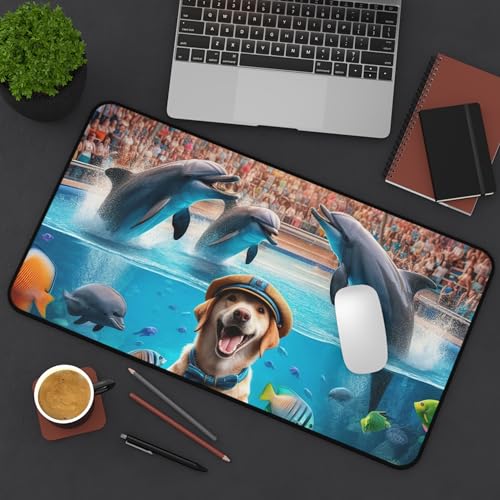 Dog Training Dolphins at an Aquarium - Vibrant Colors Rubber Base Smooth Surface Premium Desk Mat - size: 12" × 22"