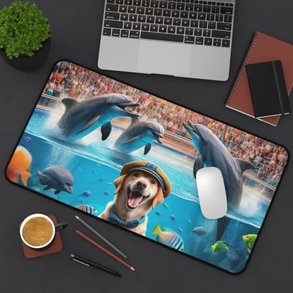 Dog Training Dolphins at an Aquarium - Vibrant Colors Rubber Base Smooth Surface Premium Desk Mat - size: 12" × 22"