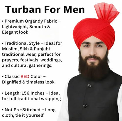 Turban For Men (156 Inches) Long Cloth – Muslim, Sikh, Punjabi Headwrap | For Prayer, Festivals & Special Occasions - color: Red
