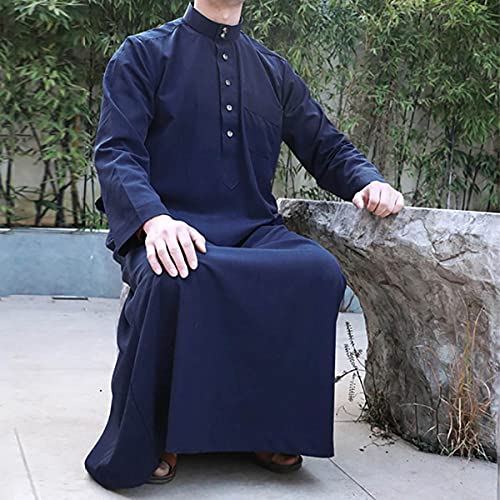 Men's Saudi Arabic Thobe Jubba Dishdasha Long Sleeve Robe Ramadan Muslim Dress Middle East Islamic Clothing (328# Navy, L)