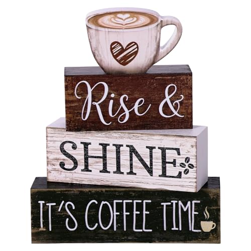 4Pcs Wooden Coffee Bar Sign Decor Farmhouse Tiered Tray Decoration Rustic Wood Cafe Cup Gift Rise & Shine It's Coffee Time Decor for Kitchen Dining Coffee Table Centerpiece Decoration - color: Coffee