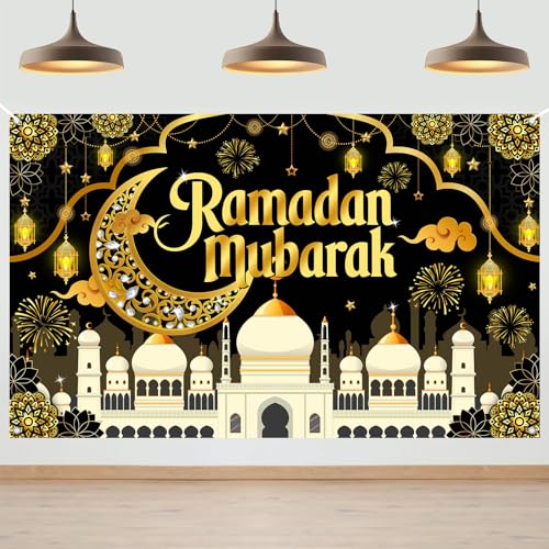 Mocsicka Ramadan Mubarak Decorations Backdrop Black Gold Muslim Ramadan Kareem Banner Eid Mubarak for Home Muslim Party Supplies (Black, 6x3.6ft) - color: Black, size: 6x3.6ft