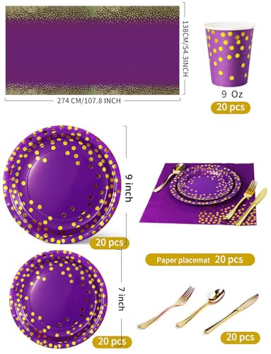 Nkaiso 141Pcs Purple Gold Paper Plates and Napkins Party Supplies for20 - color: Purple Gold