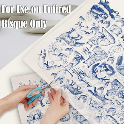 SUPERDANT 5PCS Fox Chicken Underglaze Paper Transfer Animals Transfer Papers for Clay Ceramic Porcelain Under Glaze Transfers for Pottery Enamel Decals Blue Underglaze Decal Handcrafted Gifts - style: Fox