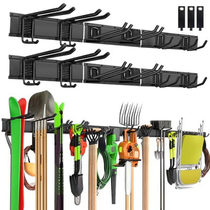 PIYILO Garage Wall Organizer, 96 in Garden Tool Organizer with 12 Adjustable Garage Hooks and 3 Storage Straps, Heavy Duty Tool Holder Wall Mount for Garden & Shed Tools - size: 96 inch 12-Hook
