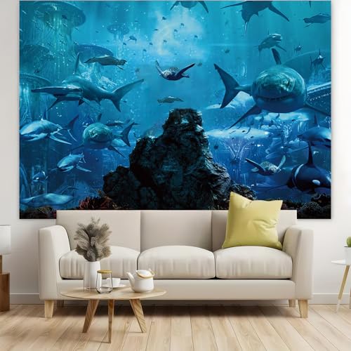 7x5FT Shark Under The Sea World Photo Backdrop Aquarium Reef Photography Background Banner Polyester Fabric Studio Props Booth Video Shooting Decorations Supplies